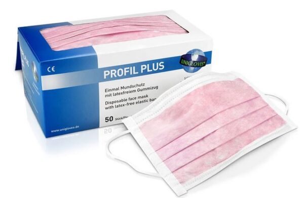 50 Stück Unigloves Profil Plus Mundschutz Pink EN 14683 99% Filterleistung 3