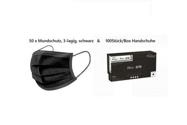 50x OP Mundschutz schwarz und 100 Stück/Box MaiMed Latex Einmalhandschuhe schwarz Gr. XL 1