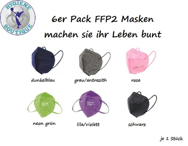 6er Pack FFP2 Mundschutzmaske 5-lagig CE zertifiziert 6 versch. Farben (grün, dunkelblau, rosa, lila, schwarz, grau) 1