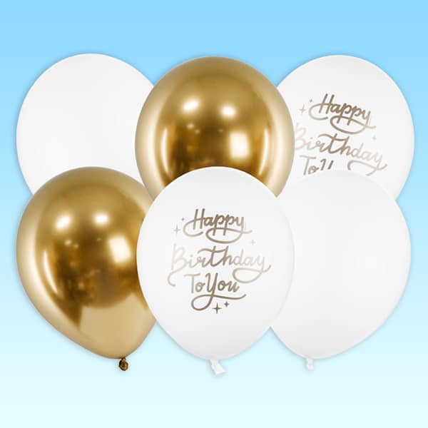 Latexballons, Happy Birthday, weiß-gold, 6er Set, Ø 30cm 1