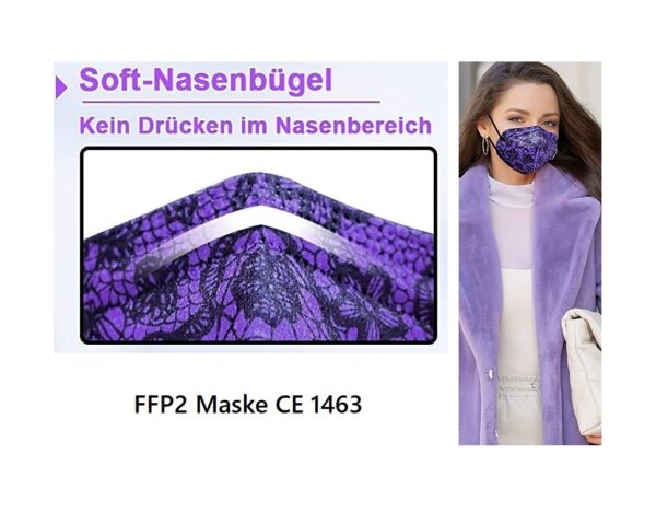 1 x FFP2 NR Schutzmaske, lila Spitzendesign, 5-lagig, Atemschutzmaske FFP2 CE 1463 1