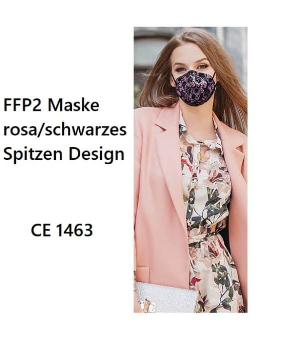 1 x FFP2 NR Schutzmaske, rosa/schwarzes Spitzendesign, 5-lagig, Atemschutzmaske FFP2 CE 1463 1