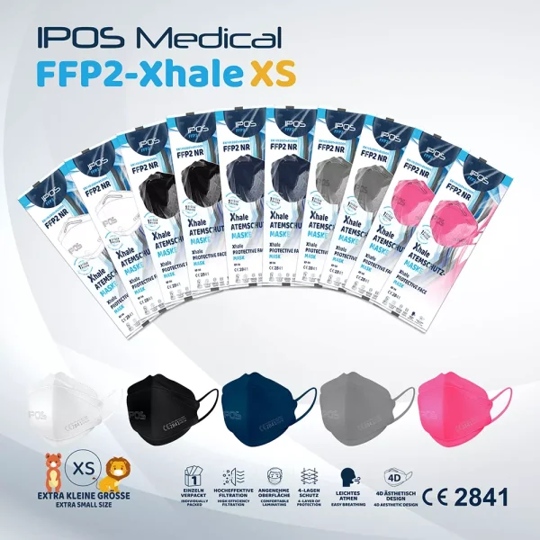 Kinder IPOS Xhale Extra-Small FFP2 Atemschutzmaske Fischmaske GRAU (4-lagig, latexfrei) einzeln verpackt 2